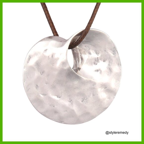 Jewelry - Chunky Bohemian Leather Choker Necklace, Adjustable Cord, Silver Pendant, 31.5